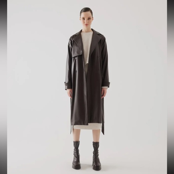 63 Fabulous Brown Detailed Vegan Leather Trench Coat - Picture 1 of 5